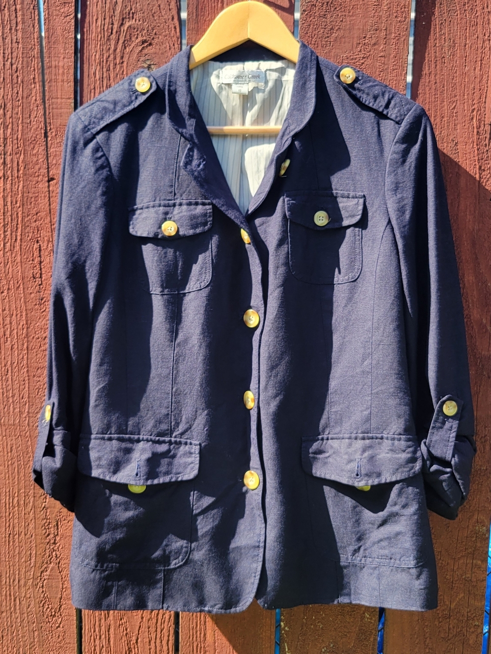 Women's Navy Linen Blend Blazer Roll Tab Lined Size 10 Nautical Coastal Preppy